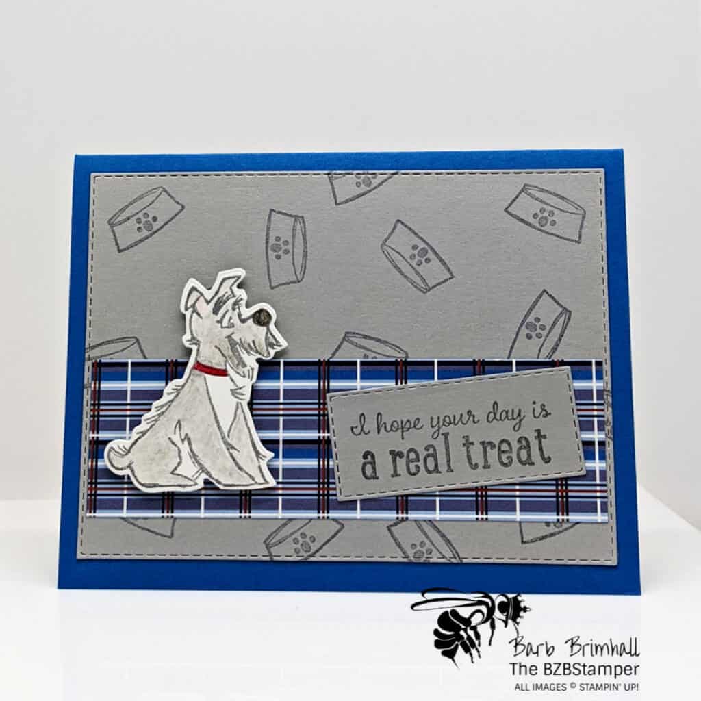 Fun Handmade Card for Dog Moms 1 blue plaid handmade card with dog and dog dish