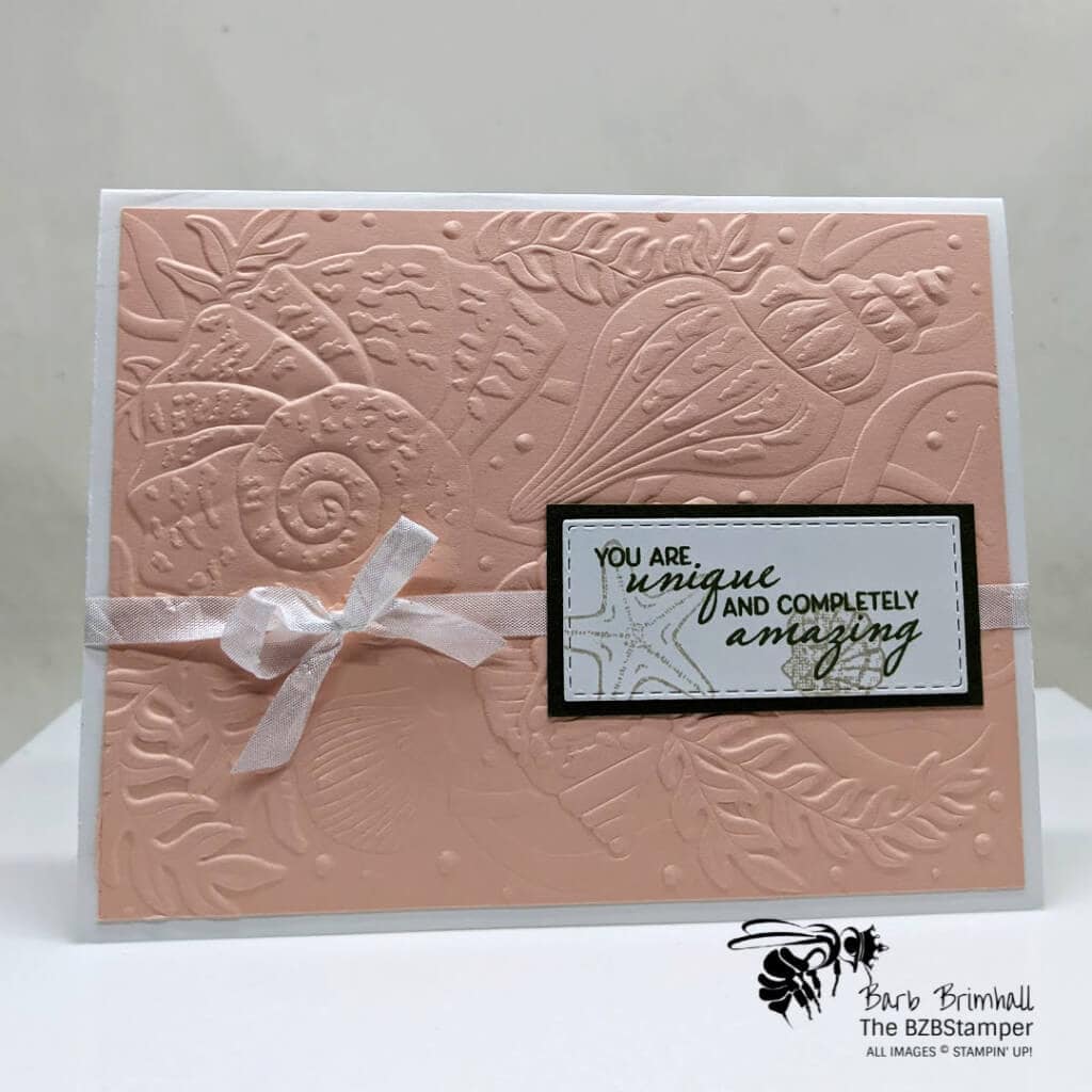 The Seashells Embossing Folder by Stampin' Up! 1 Pink handmade card with seashells