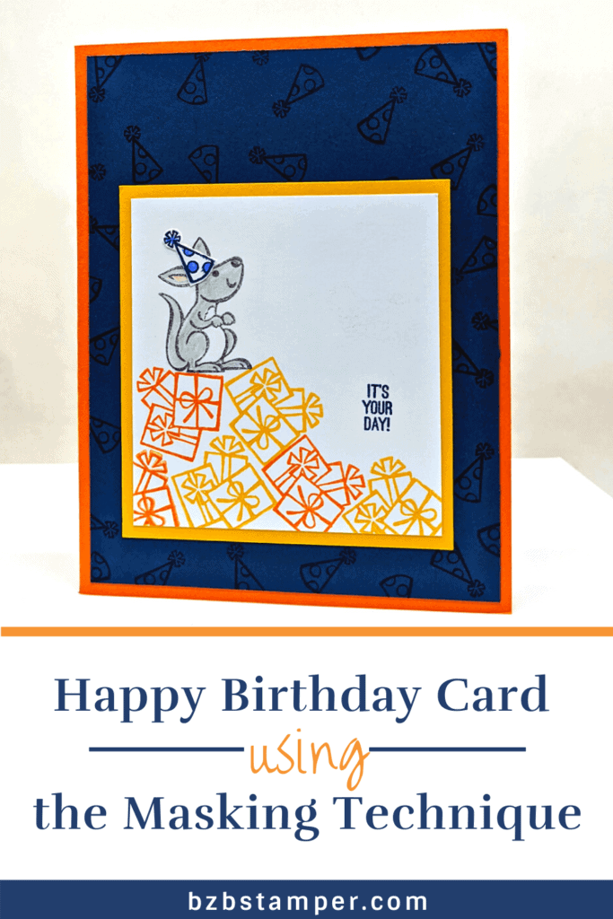 Masking Technique Tutorial 20 handmade kangaroo card in blues and oranges