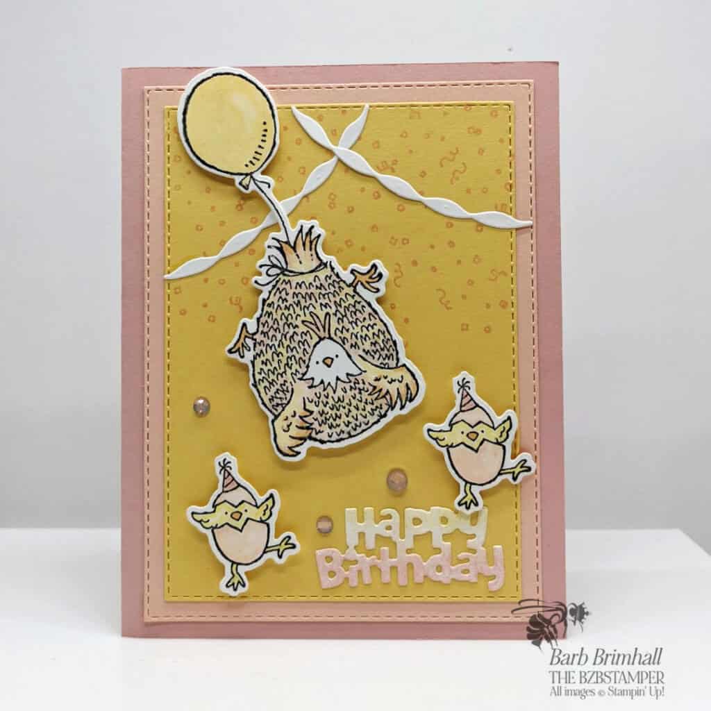 Hey Birthday Chick Bundle by Stampin' Up! 1 pink and yellow birthday card with chickens