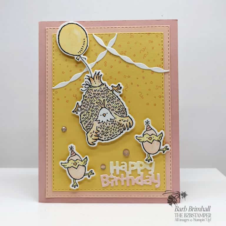 pink and yellow birthday card with chickens