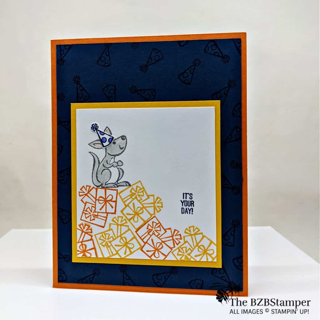 Masking Technique Tutorial 1 handmade kangaroo card in blues and oranges