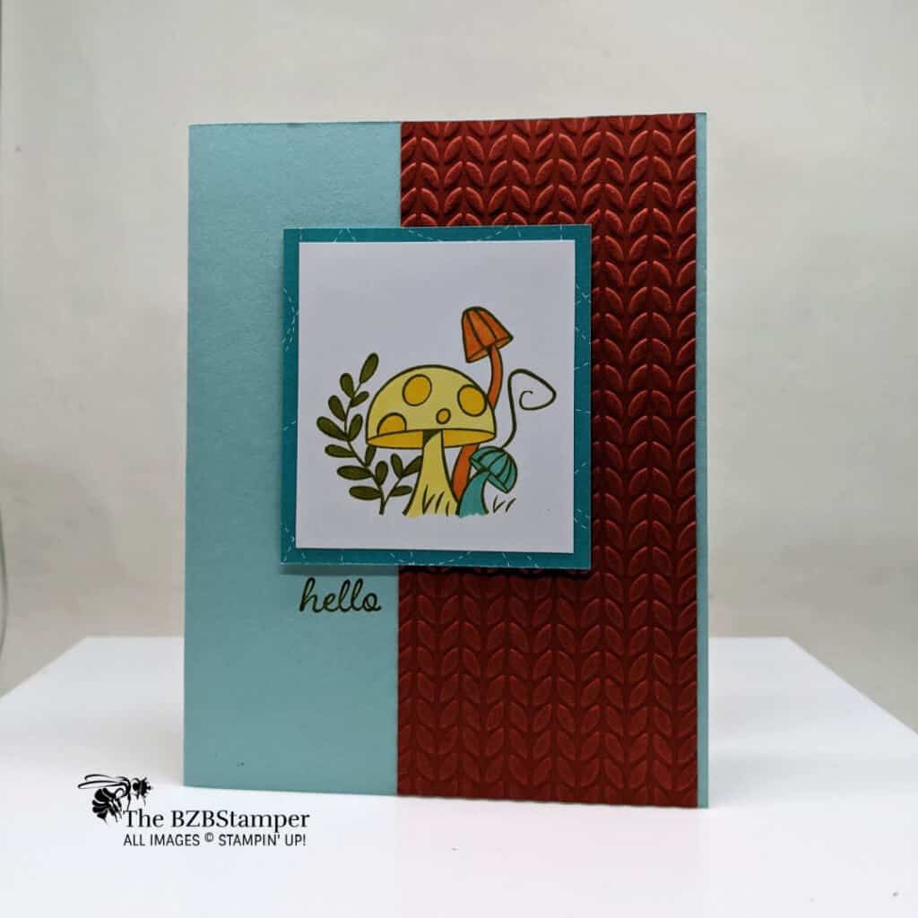 A Handmade Card with Mushrooms 1 handmade card with mushrooms in blue and rust