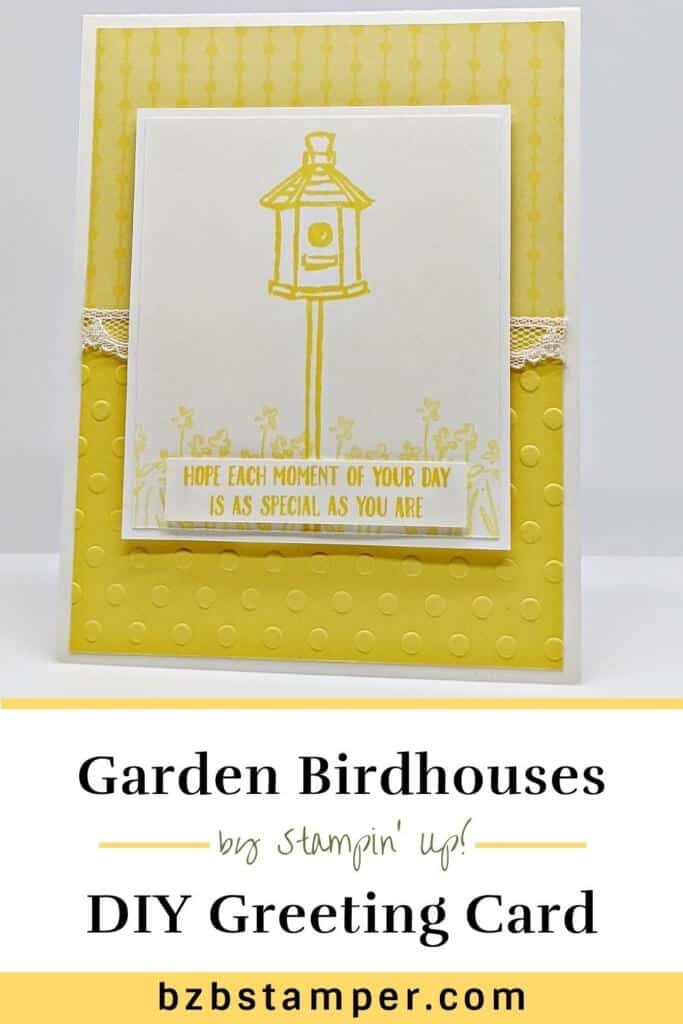 Monocromatic DIY Greeting Card 16 Garden Birdhouses Stamp Set by Stampin Up! in Yellow