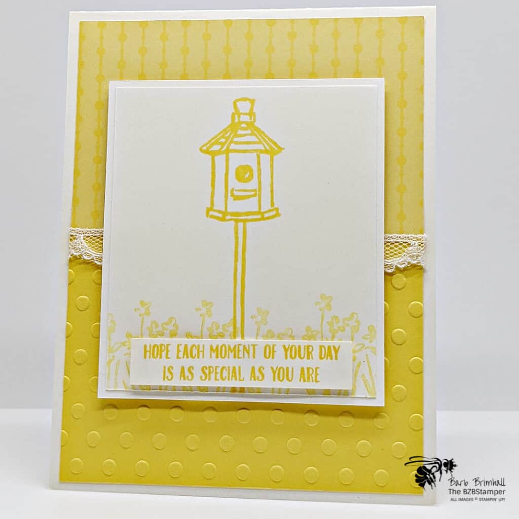 Monocromatic DIY Greeting Card 1 Garden Birdhouses Stamp Set by Stampin Up! in Yellow