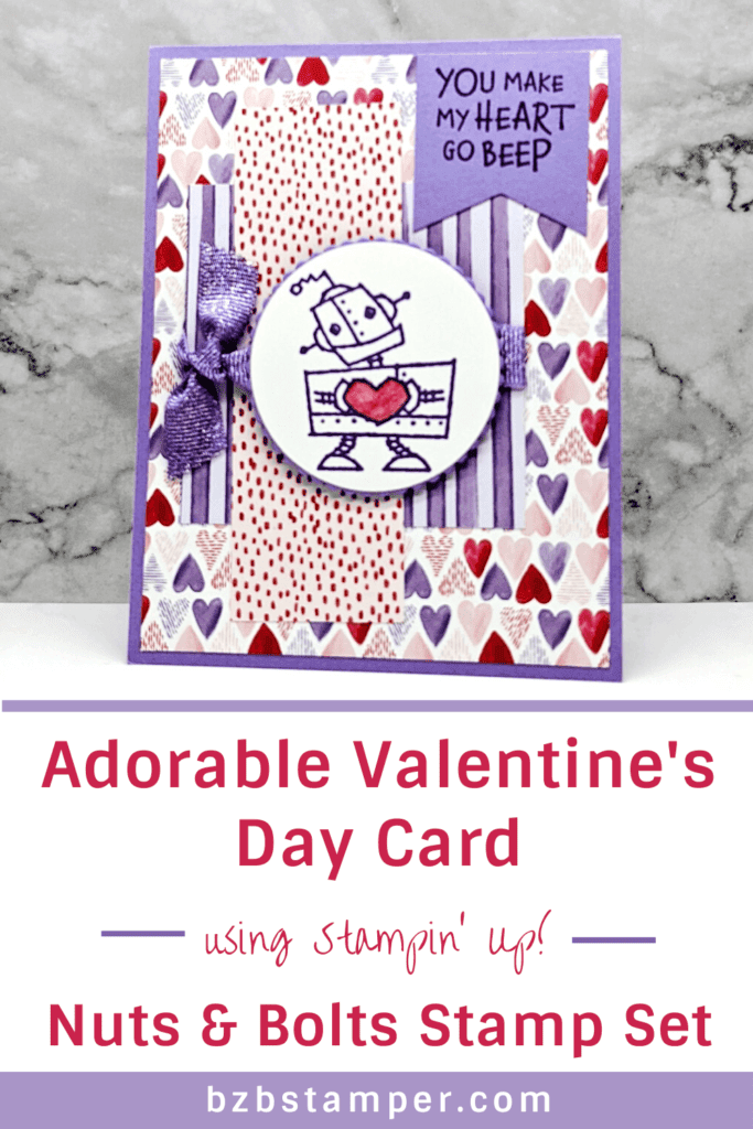 Stampin Up Nuts and Bolts 18 Valentine's Day Card with robots in purple and red