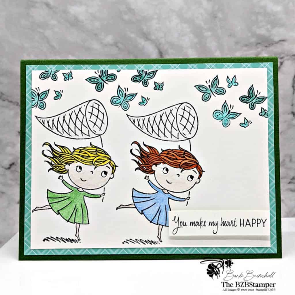 Handstamped Card Idea For Your Bestie 1 2 girls catching butterflies using Stampin 'Up! supplies