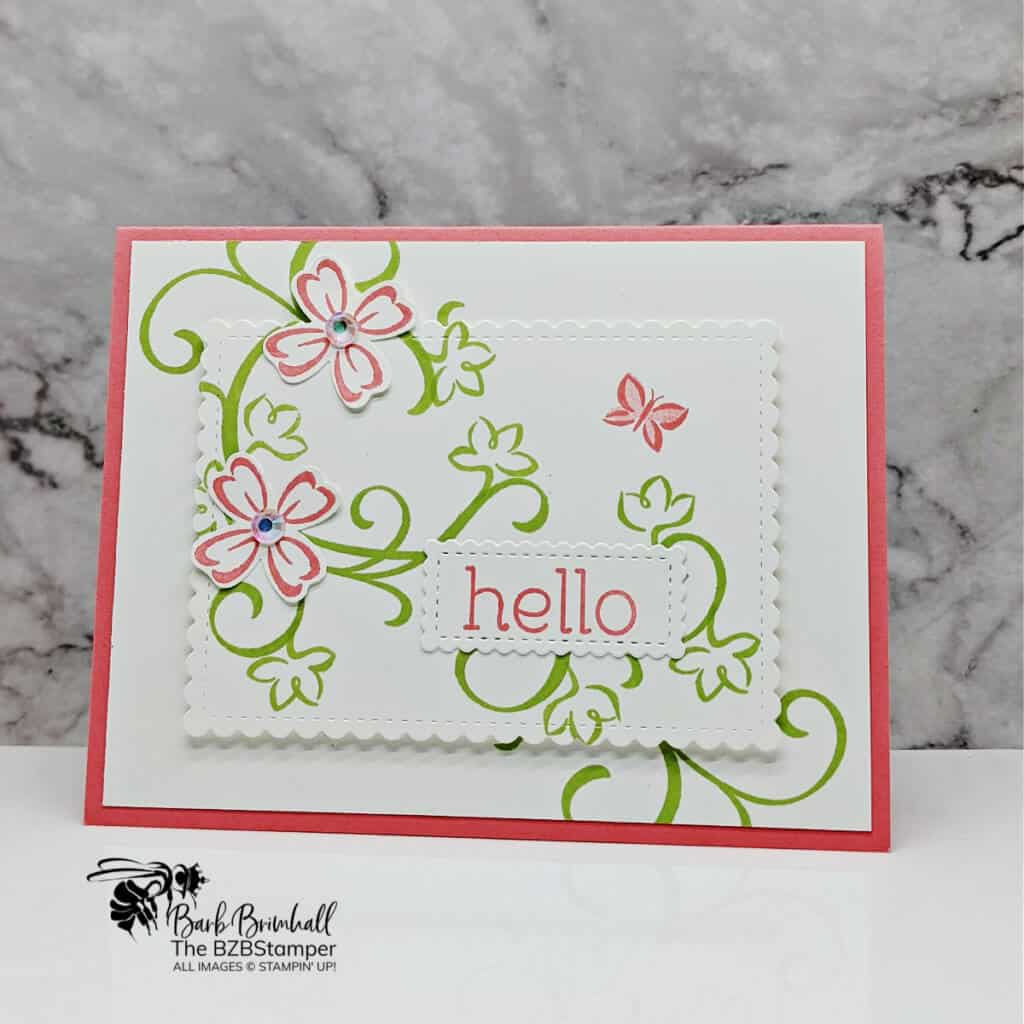 Stampin Up Sentimental Swirls Hello Card 1 Stampin' Up! Sentimental Swirls handmade hello card in pink and green