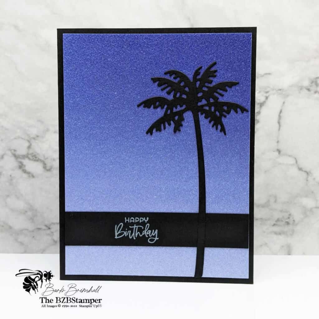 Paradise Palms Bundle 1 Happy Birthday Card featuring a palm tree in purple and black using the Paradise Palms Bundle