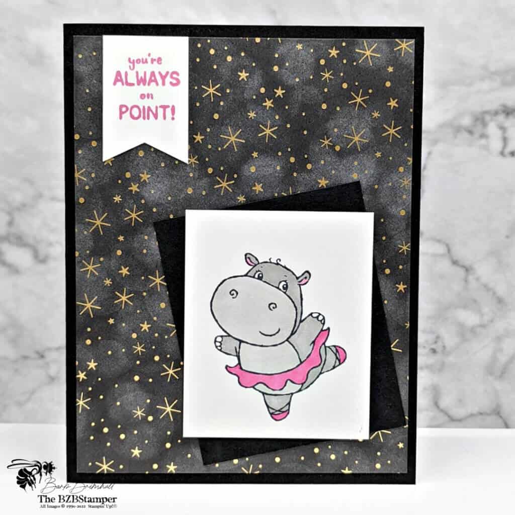 Hippest Hippos Stamp Set 1 Ballerina card in black and pink with hippest hippos stamp set by Stampin' Up!
