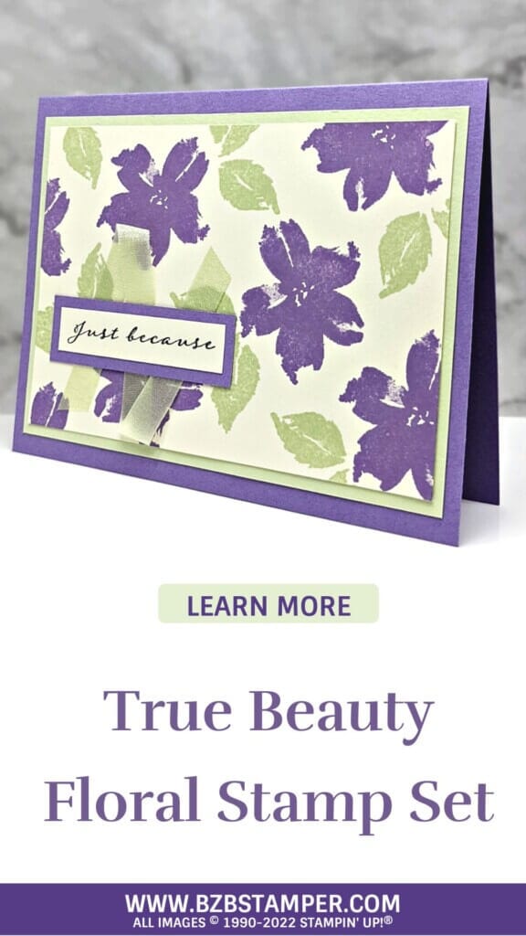 True Beauty Stamp Set 13 handmade gretting card featuring purple flowers with just because greeting