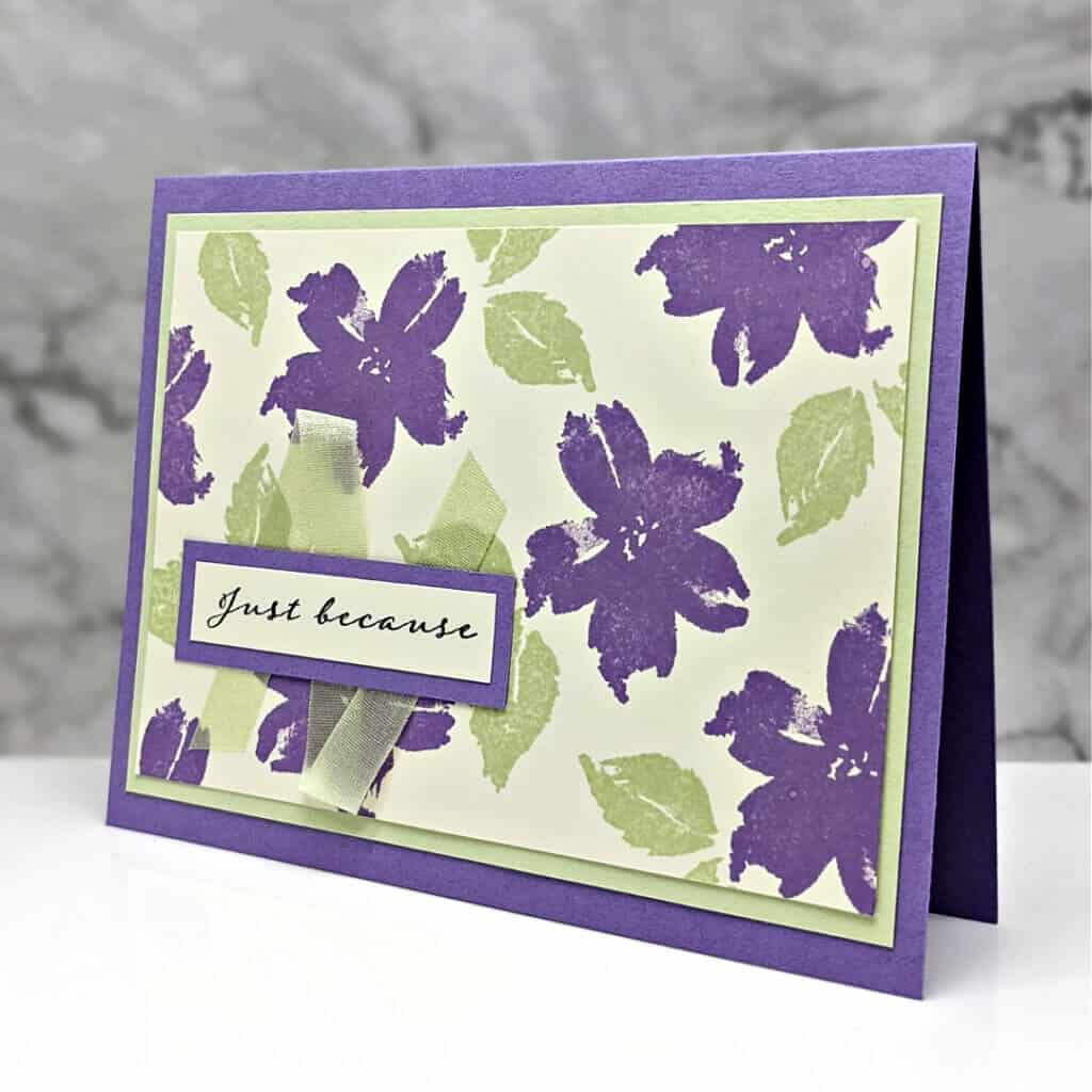 True Beauty Stamp Set 1 handmade gretting card featuring purple flowers with just because greeting