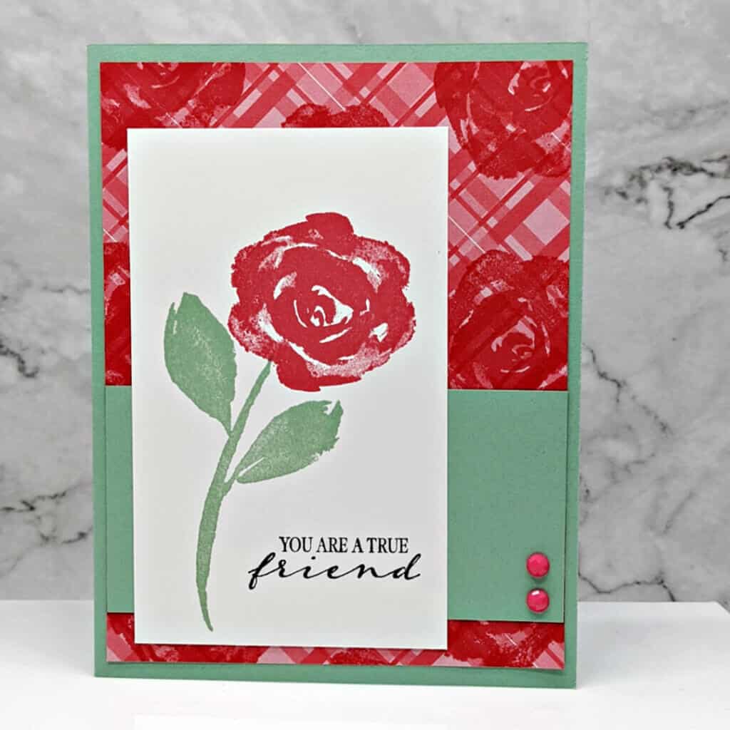 Handmade card using the True Beauty Stamp Set 1 handmade greeting card featuring red rose with you are a true friend sentiment