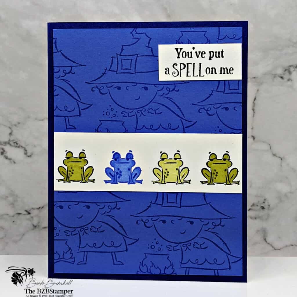 Handmade Halloween Card using Best Witches Stamp Set 3 handmade Halloween card featuring frogs in purple and green