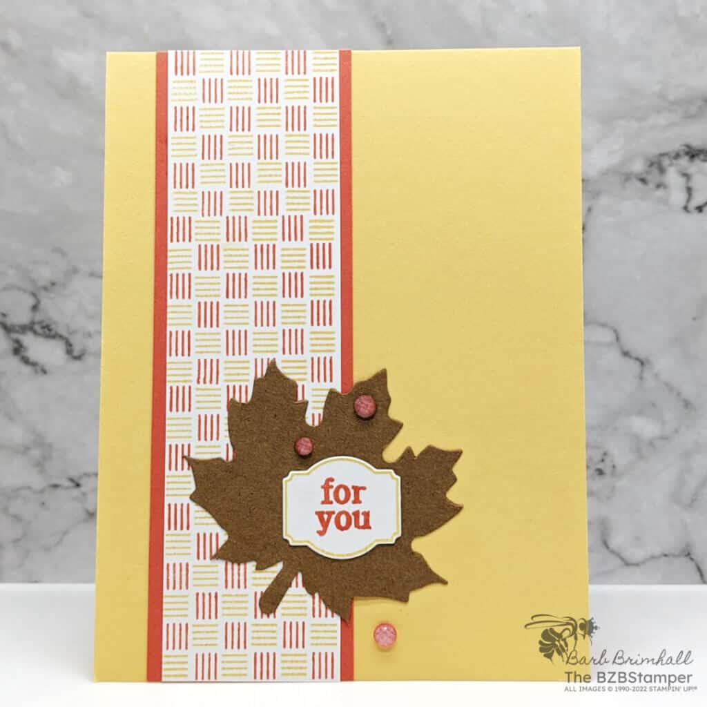 Autumn Card using the Design A Treat Bundle 3 Autumn Card in yellow, orange and kraft colors with a leaf