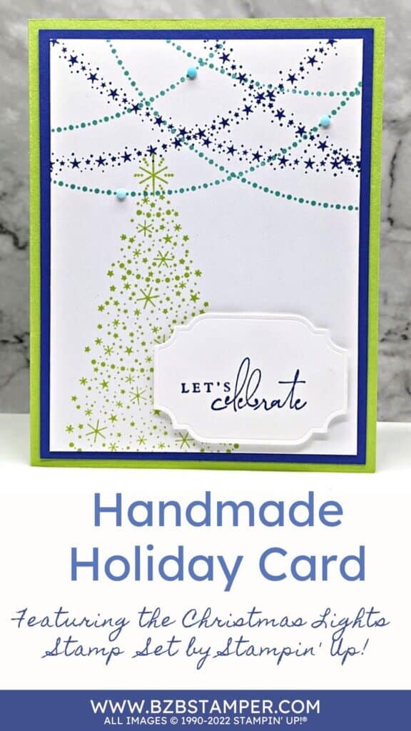 Christmas Card using the Christmas Lights Stamp Set 1 Tree with Garland in blue and green using Christmas Lights Stamp Set by Stampin'Up!