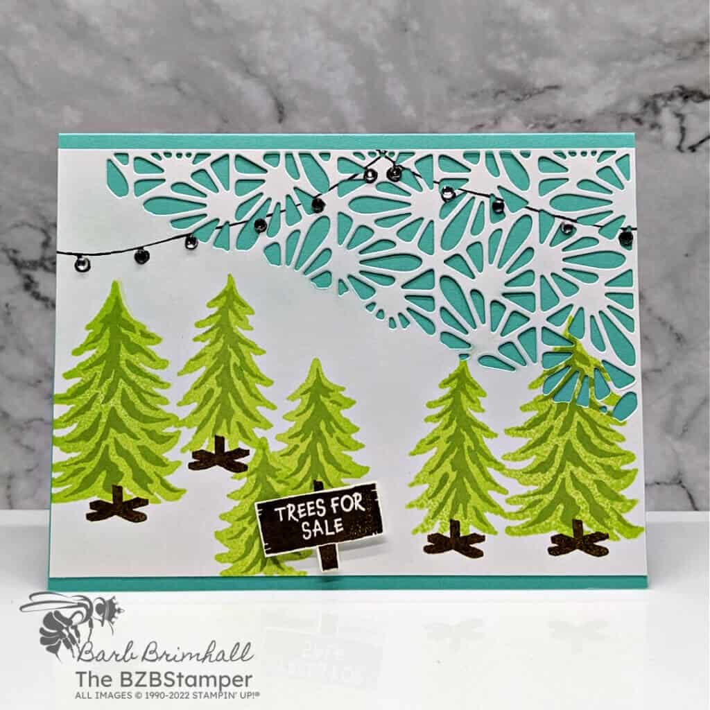 Trees for Sale Christmas Card 2 Handmade card featuring Trees for Sale Christmas in green & blue with trees
