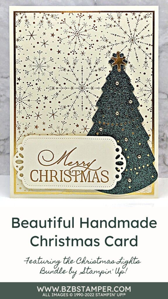 Beautiful Handmade Christmas Card 1 Beautiful handmade Christmas Card featuring a green glimmer tree with gold foil stars in the background