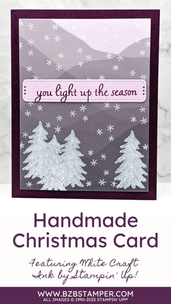 White Craft Ink by Stampin' Up! 1 Christmas Card featuring White Craft Ink by Stampin' Up! with snowflakes and trees in purple