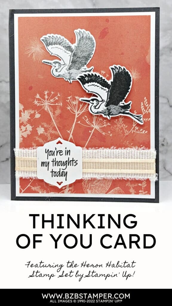 Stampin' Up! Heron Habitat Bundle with herons on orange paper with ribbon