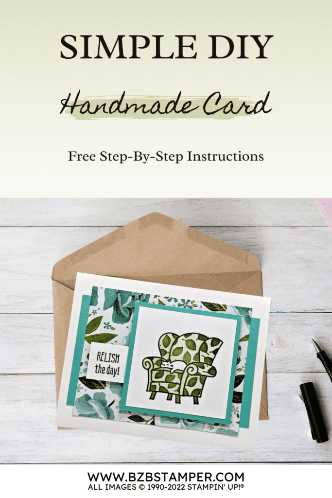 Sit Stay Relax Stamp Set by Stampin' Up! 13 Handmade Greeting Card with a green chair and a white cat sleeping in it.
