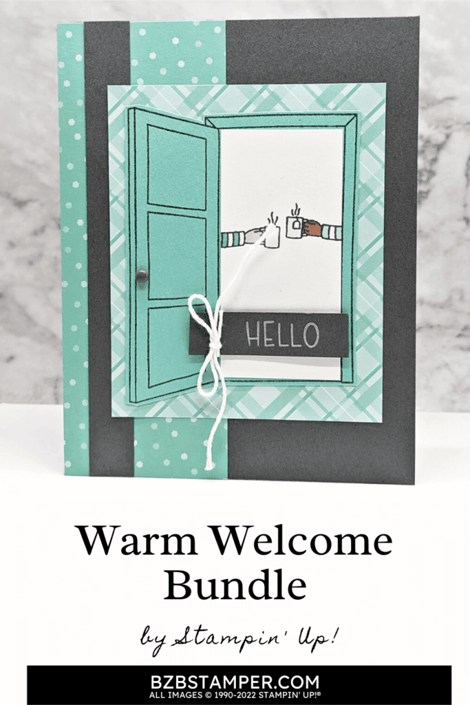 Warm Welcome Bundle by Stampin' Up! 1 Handmade card featuring 2 friends clicking cups in a door frame.