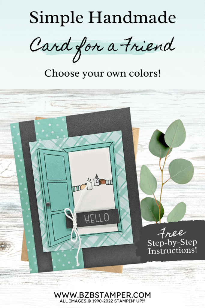 Warm Welcome Bundle by Stampin' Up! 22 Handmade card featuring wo friends saying hello in a doorway, clicking cups. Uses craft products by Stampin' UP!