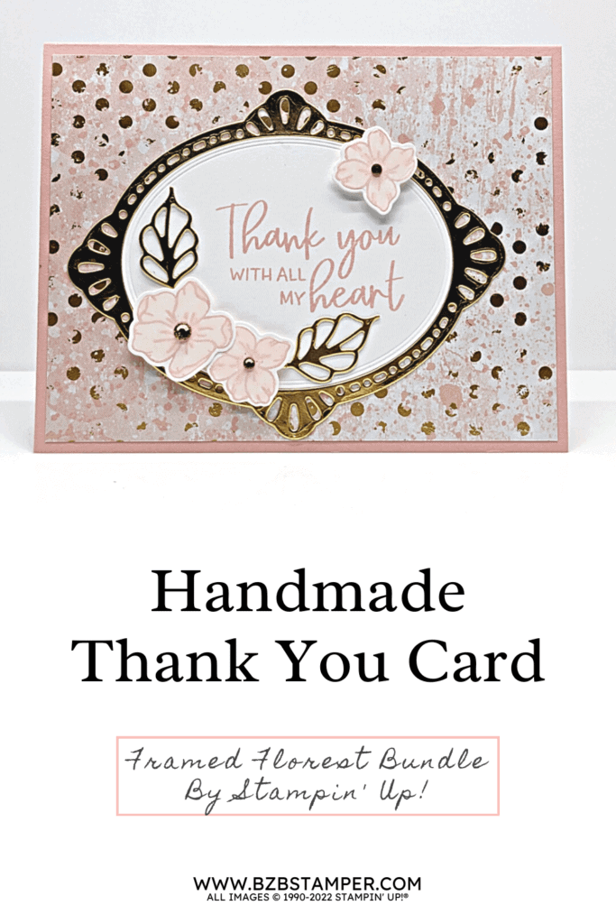 Stampin' Up! Framed Florets Bundle 1 Pink handmade card with gold foil frame and pink flowers. Products by Stampin' Up!