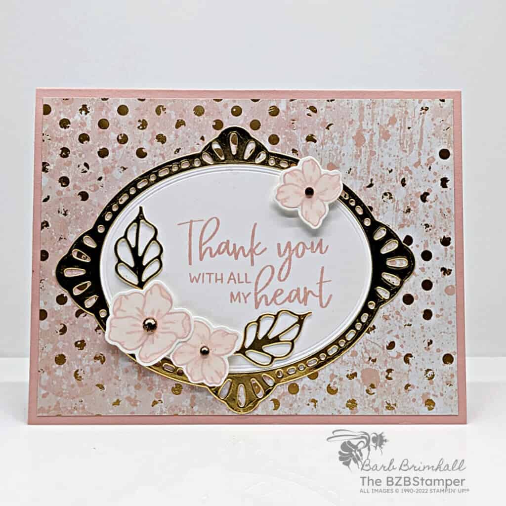 Stampin' Up! Framed Florets Bundle 2 Handmade card with gold foil frame, pink flowers and pretty paper. Made using Stampin' Up! products.