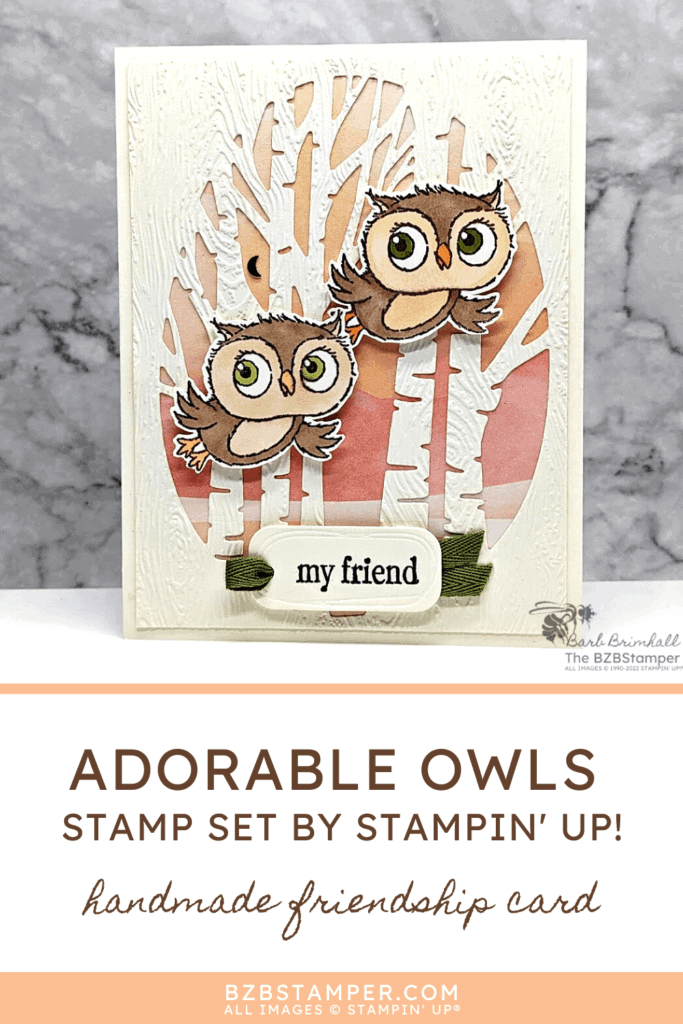 Handmade card for a friend featuring 2 owls with a tree background and my friend sentiment with ribbon