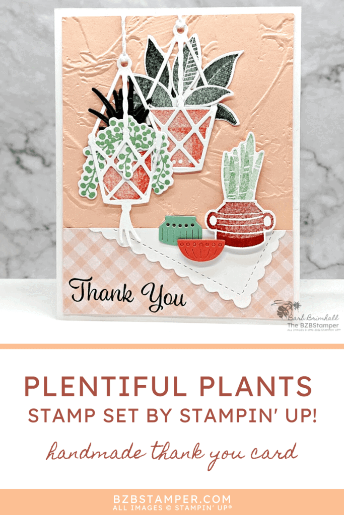 Plentiful Plants Thank You Card 1 Handmade Plentiful Plants Thank You Card in peaches and greens with macrame plant holders.