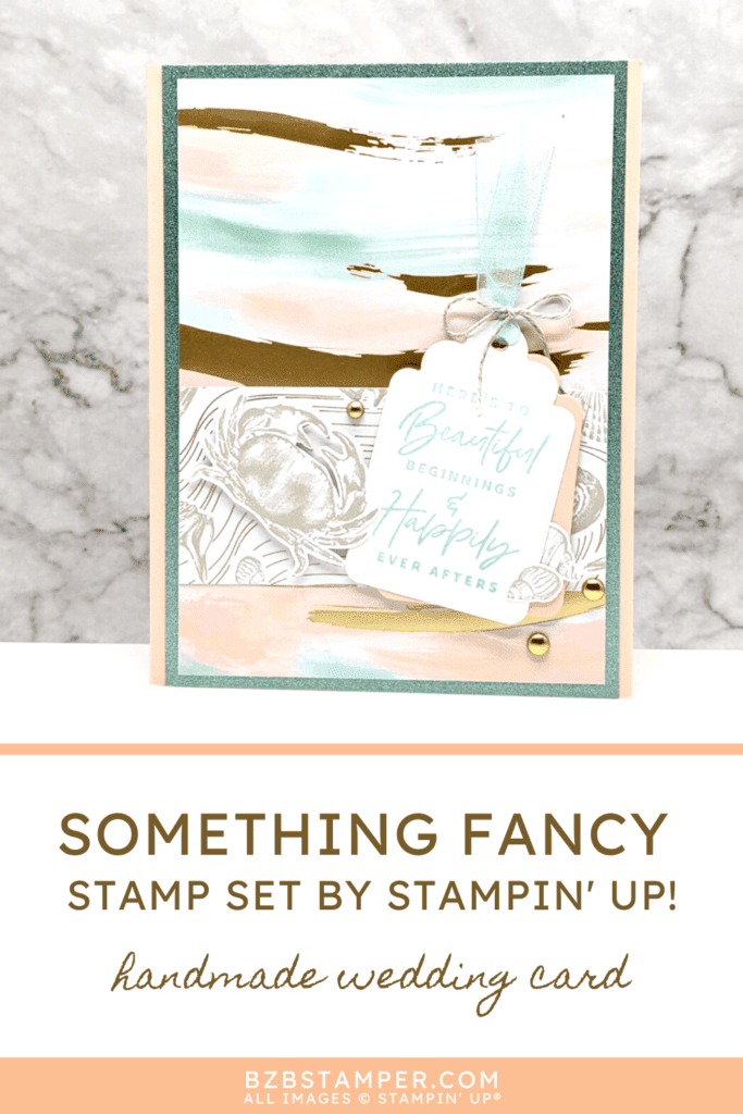 Something Fancy Stamp Set 1 Handmade wedding card featuring the Something Fancy Stamp Set by Stampin' Up! in pinks, blues and gold, with beach images.