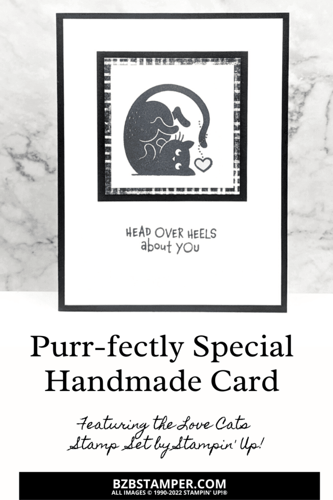 Purr-fectly Simple - the Love Cats Stamp Set 1 Love Cats Stamp Set by Stampin' Up! in black and white with a pink heart.