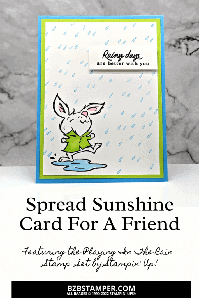 Easy Playing In The Rain Greeting Card 1 Create this easy greeting card using the Playing in the Rain Stamp Set by Stampin' Up! It features a bunny in the rain playing in a puddle in green and blue.