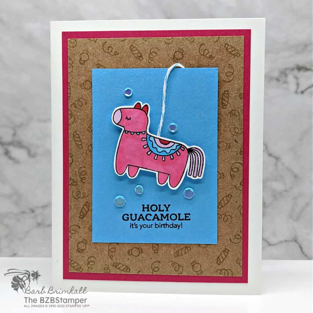 Taco Fiesta Stamp Set - Spice Up Your Handmade Cards! 2 Spice Up Greeting Cards with the Taco Fiesta Stamp Set with donkey pinata in blue and pink.