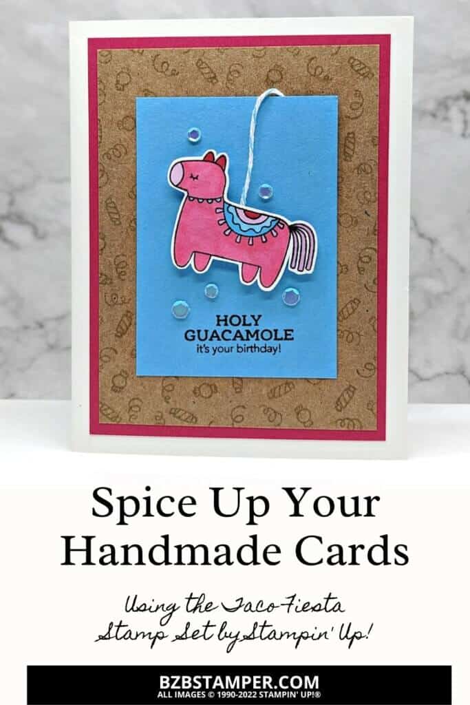 Taco Fiesta Stamp Set - Spice Up Your Handmade Cards! 1 Create the perfect handmade greeting card with the Taco Fiesta Stamp Set by Stampin' Up! Card includes a pink donkey and blue and brown paper.