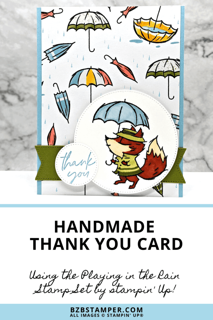 Thank You Card using the Playing in the Rain Stamp Set 1 Handmade Thank You Card using the Playing in the Rain Stamp Set with a fox holding an umbrella and pretty umbrella paper.