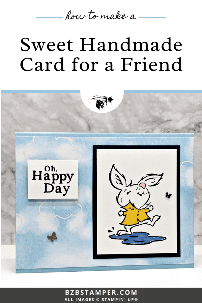 Adorable Playing in the Rain Handmade Card 1 Create an adorable Playing in the Rain Handmade Card with a cute bunny splashing in a rain puddle.