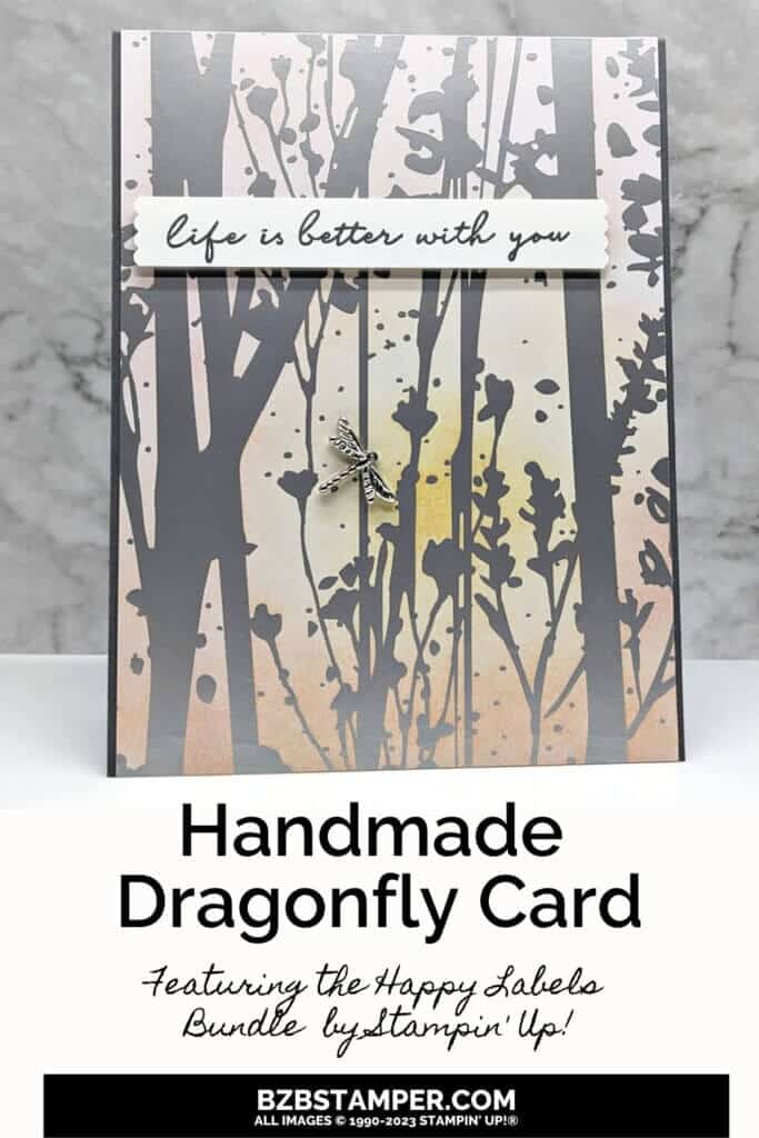 Happy Labels Bundle by Stampin' Up! 1 Handmade card featuring the Happy Labels Bundle by Stampin' Up!. Uses silver foil paper with dragonfly embellishment and sponging in light pink and yellow.