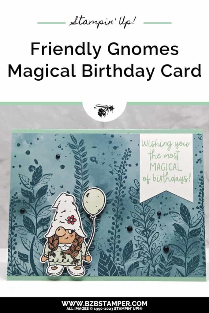 Friendly Gnomes Birthday Card For A Friend 1 Whimsical Friendly Gnomes Birthday Card For A Friend in greens and blues with a gnome holding a balloon.
