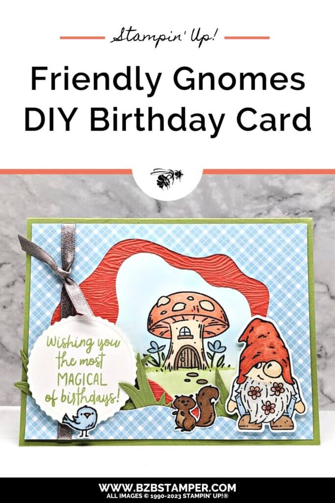 Birthday Card using the Friendly Gnomes Bundle 1 Make A Birthday Card using the Friendly Gnomes Bundle using pretty Blue plaid paper, some die-cutting dies and Blend markers in Rust and Olive Green.