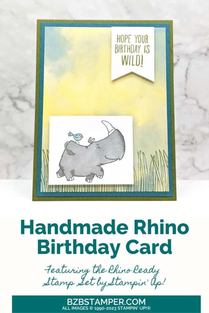 Stampin' Up! Rhino Ready Stamp Set: Cute & Simple 1 Stampin' Up! Rhino Ready Stamp Set in blue, green with a Rhino who has a bird on his back and is romping through the grass