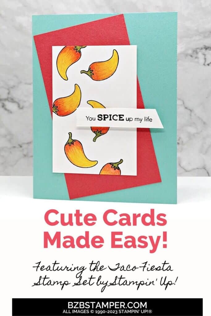 Cute Cards Made Easy with the Taco Fiesta Stamp Set 1 Taco Fiesta Stamp Set handmade card in red, blue and hot chili peppers.