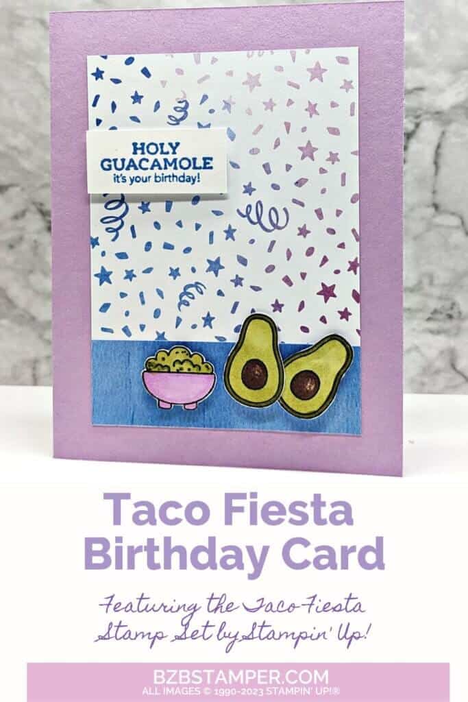 Taco Fiesta Birthday Card 1 Taco Fiesta Birthday Card in purple and blue with guacamole and confetti
