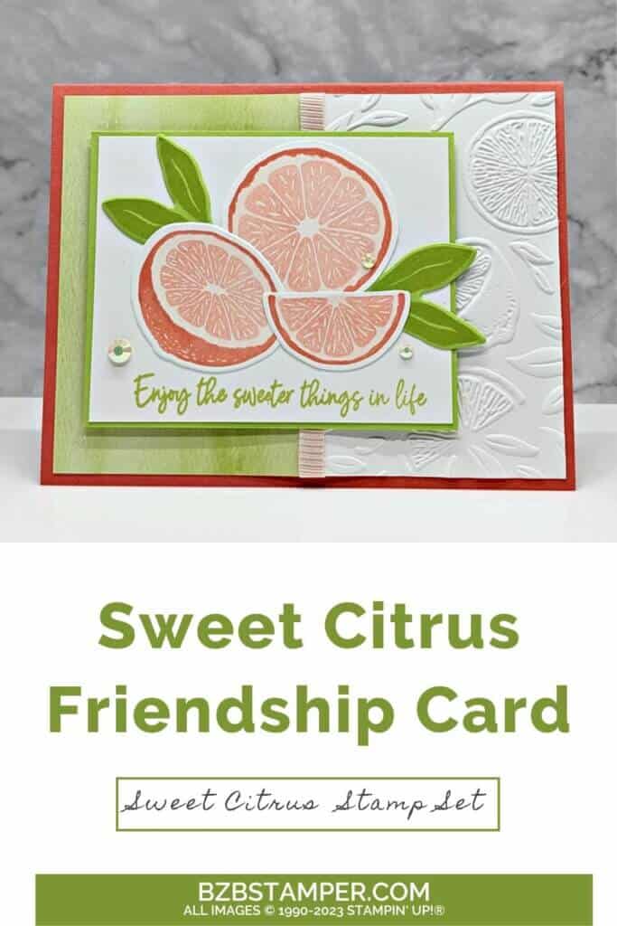 Slice Up Fun with the Sweet Citrus Stamp Set 1 Sweet Citrus Stamp Set in yellow and green, with an embossed background and citrus fruit in pinks and oranges.