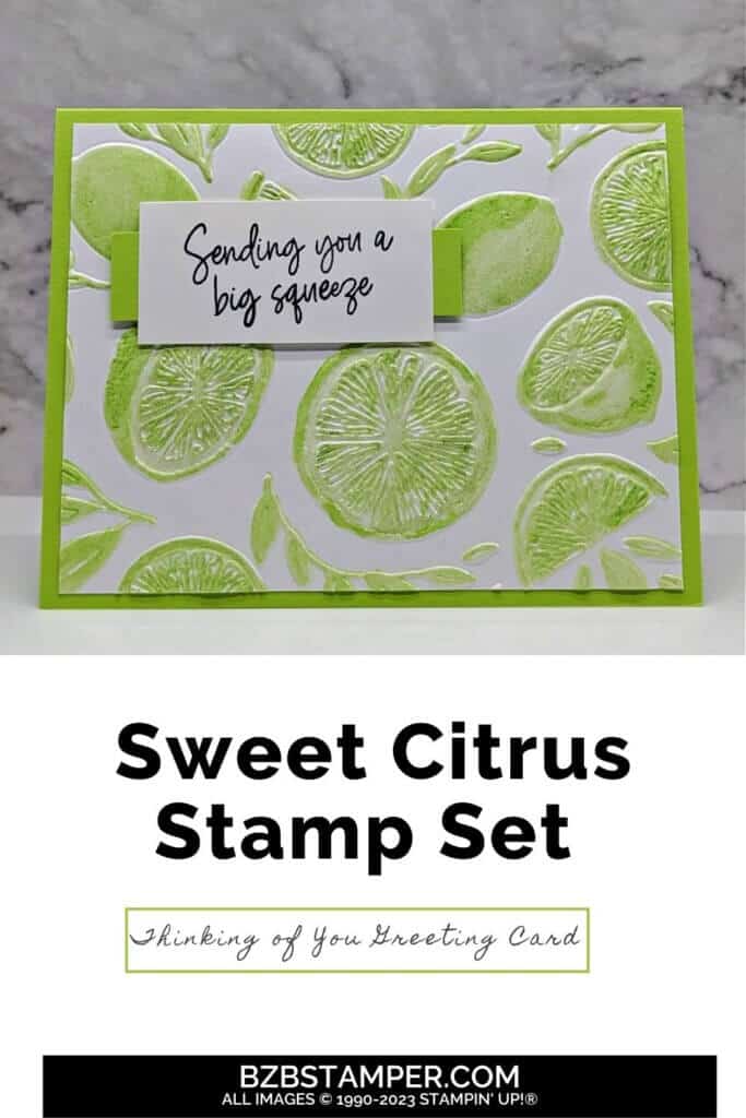 Crafting with Sweet Citrus Stamps by Stampin' Up! 1 Sweet Citrus Stamps by Stampin' Up! in various shades of green with an embossed citrus background.