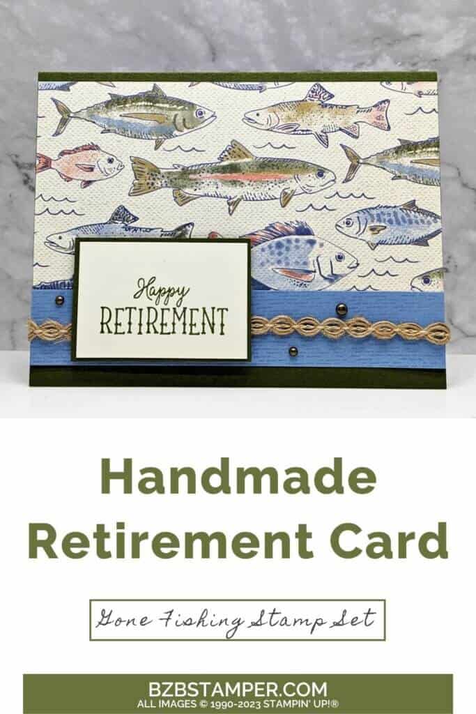 Anglers, Unite! Gone Fishing Stamp Set 1 Blue and green card featuring pretty paper with fish and the Gone Fishing Stamp set images.