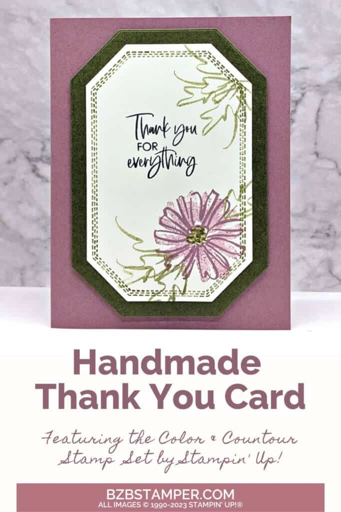 Thank You Card using the Color & Contour Stamp Set 1 Handmade Thank YOu Card using the Color & Contour Stamp Set by Stampin' Up! in mauves and greens, with a flower & leaf.