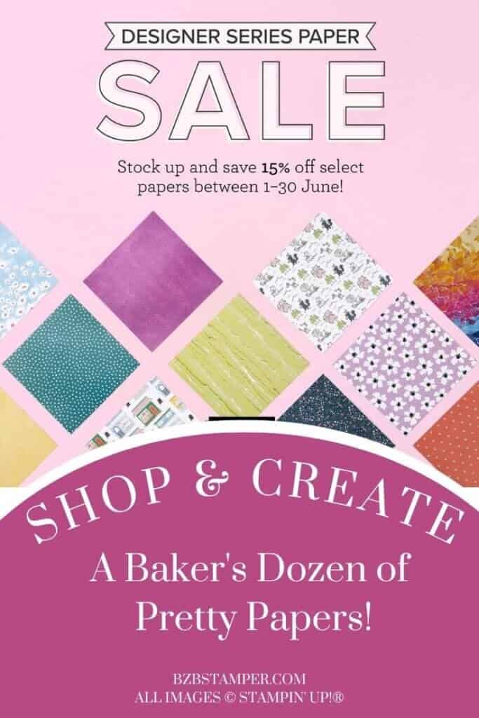 Save Big on Stampin' Up! Designer Series Paper! 1 Stampin' Up! Designer Series Paper graphic with images of papers that are on sale with a pink background and sale information.
