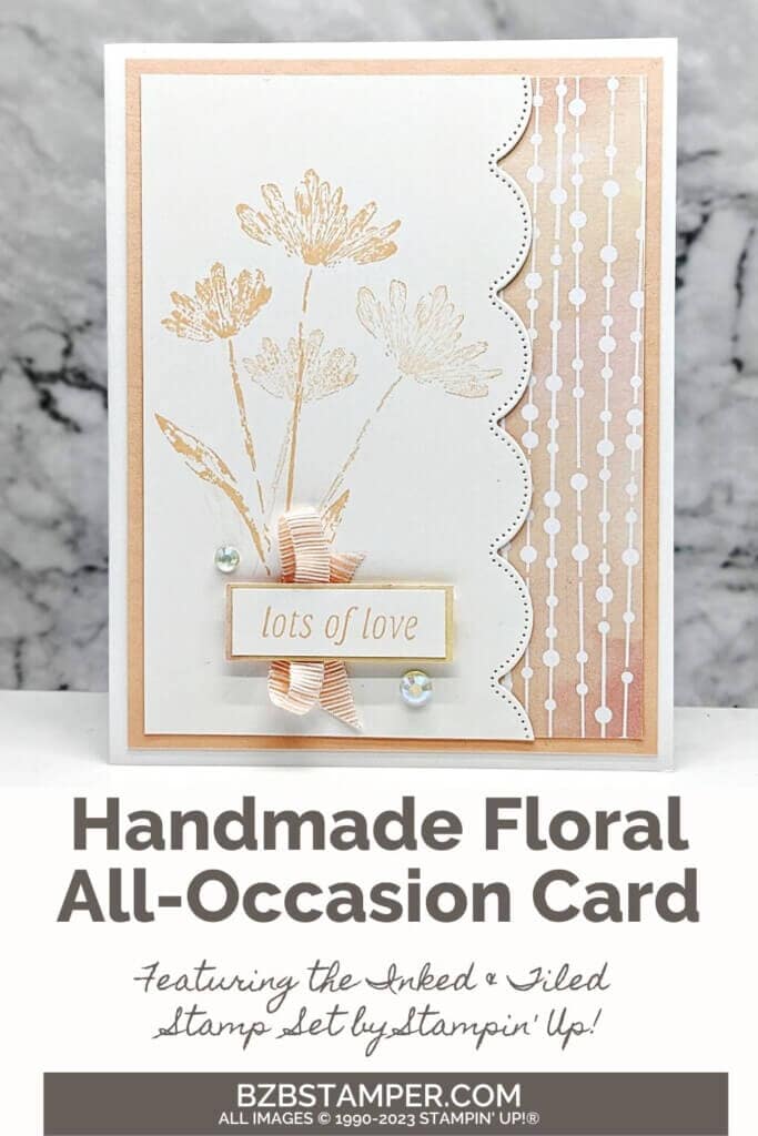 Inked and Tiled Stamp Set 1 Inked and Tiled Stamp Set in light pink with beautiful papers in shades of pastels. Scalloped edged card with a "lots of love" sentiment.